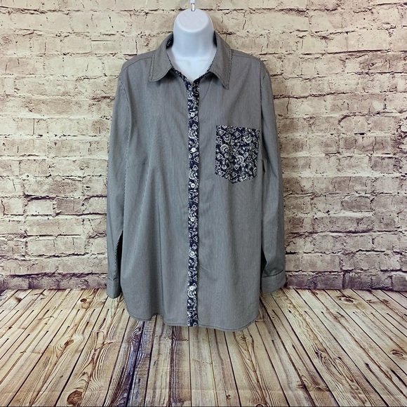 Susan Graver Navy Striped Button Front Contrast Floral Trim Long Sleeve Shirt - Picture 1 of 14